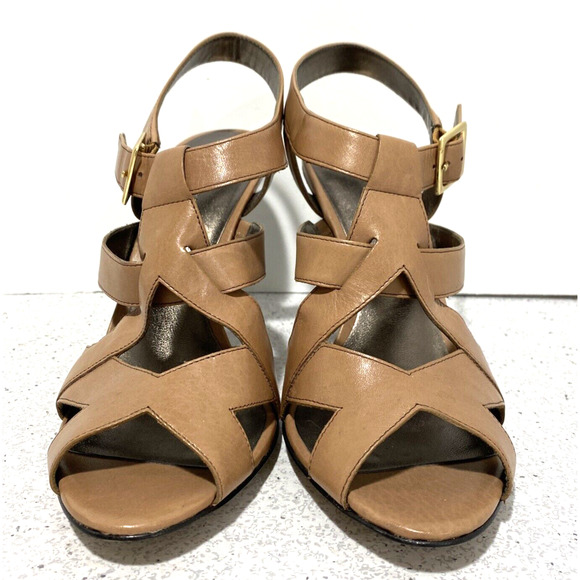 Ann Taylor US 7M nude leather strappy high heel sandals cone heels casual dressy - Picture 2 of 9